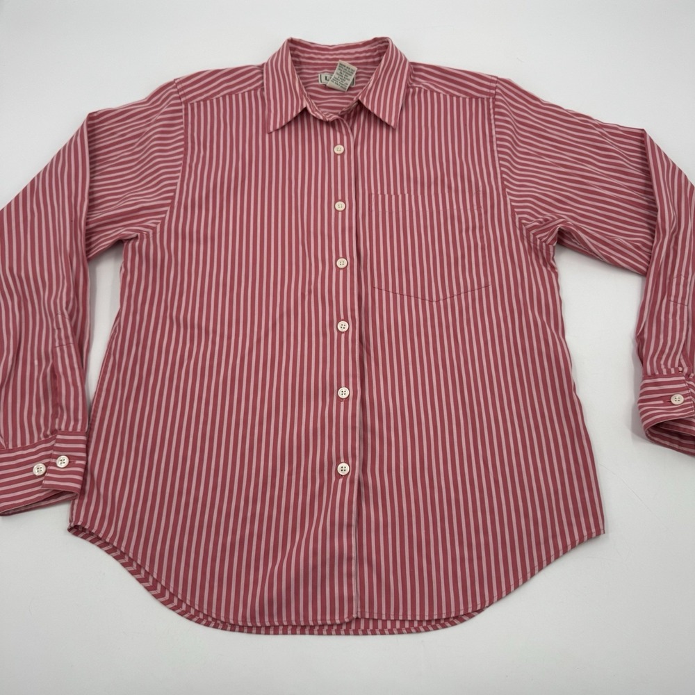L.L.Bean Essential Cotton Poplin Button Up Blouse Shirt Women Small Pink Striped